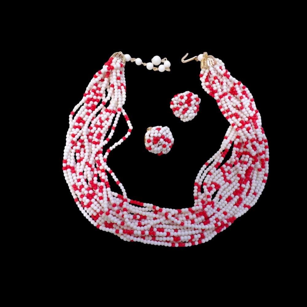 Vintage Japan 18 Strand Beaded Necklace Matching Clip On Ers Orange White